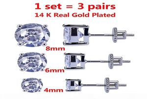 3 Paare Set 48 mm 14K Gold plattiert CZ Quadratische Eiskurne Ohrringe mit Sicherheitsschraube für Männer und Frauen26905552