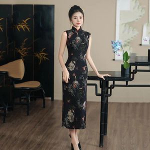 Ethnic Clothing Black Chinese Traditional Cheongsam Long Banquet Daily Mandarin Collar Qipao Hight Split Print Dress For Wome