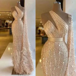 Sparkly Mermaid Sexy Prom Dresses Ostrich Feather One Shoulder Beading Sequined Long Sleeve Pageant Evening Gown Elegant Vestido De Gala