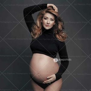 Moderskapsklänningar Foto Shoot Maternity Dress Open Abdominal Set Two Piece of Black Elastic Fabric High Collar Short Top Photo Q240427