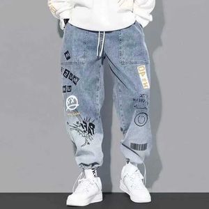 Men's Jeans Mens jeans hip-hop harem pants mens loose Trousers fun prints drawstring casual jogging plus size S-5XL Q240427