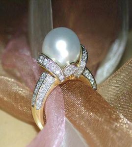 Bröllopsringar Huitan Elegant Imitation Pearl Gold Color Women Shiny CZ Romantic Marriage Ceremony Party Ring Fashion Accessories4617324