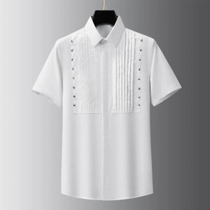 Trendy Summer Handmade Folding Strip Rivet Decoration Mens Short Sleeved Shirts Slim Fit Shirts Men Dress Shirt 240420