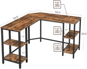 Mesa de canto da mesa de computador LShaped com armazenamento para o escritório em casa 4 prateleiras escrevendo estudo estando estação de trabalho marrom rústico e preto7149492