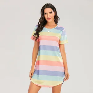 Женская одежда для сон Schinotch Summer Women Night Dress Круглый шея короткие рукава Rainbow Printed Print