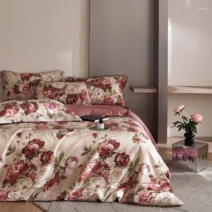 Sängkläder sätter naturliga lyocellväxtfibrer mjuka hudvänliga silkeslen uppsättning vintage blommor täcke täcke lakan monterade kuddar