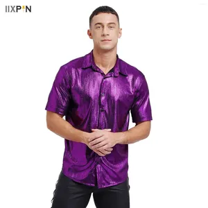 Camisas casuais masculinas Disco Disco brilhante vestido de camisa metálica Botão de manga comprida