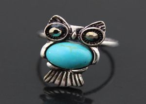 Jewelry Whole 50pcsLOT Retro Antique Silver Plated Tribal Lovely Owl Turquoise Rings Girl Women039s Alloy Rings Adjustable99896362361688