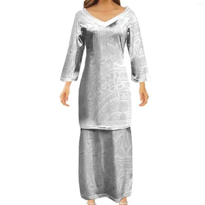パーティードレス高品質のマザーデイ教会のユニフォームトップスカートスーツセットポリネシアの白いプリントプレタシプラスサイズの女性服