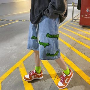 Fashion Embroidered Five summer Mens Denim Shorts Point Pants Elastic Waist Baggy Black Jeans Streetwear Oversized Y2K Clothes 240425