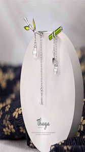 Thaya emaljkvinnor örhängen grön bambu dingle med pärla retro söta s för silver mode smycken 2106166765887