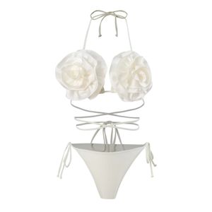 sexy 3d weiße Blumenschnur Micro Mini Bikinis Sets zwei Stücke hohe Taille Dreieck Badeanzug Badebadanzug Biquini 240426