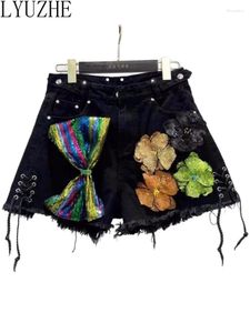 Women's Jeans LYUZHE Heavy Industry Sequins Three-dimensional Flower Denim Shorts Women 2024 Summer Personalized Short ZXF434A