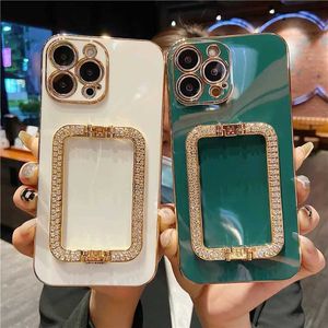 Случаи по сотовым телефонам 3D Diamond Crystal Square держатель Gold Chare Chase для iPhone 14 12 Pro Max Mini 11 13 Pro XS XS 7 8 Plus SE Back Cover J240509