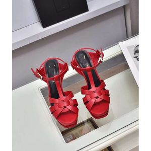 2024 Summer New Cowhide Slim Open Toe Водонепроницаемая платформа One Button Ultra High High Heel Sandals Fashion Shoes