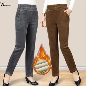 Women's Pants Casual Snow Wear Thick Warm Trousers Office Lady High Waist Stretch Fleece Bottoms Plus Velvet Corduroy Winter Women Brown