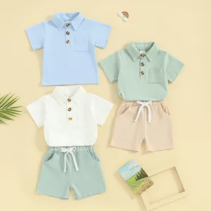 衣料品セット生まれの男の子の夏の服の幼児カジュアルソリッドターンダウンカラーショートスリーブシャツショーツビーチの衣装