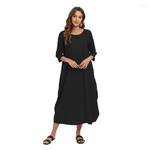 Casual Dresses Women Dress Round Collar Pullover Långärmad solid lös lång bomull Caftan S-5XL