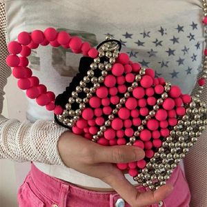 Drawstring Handmade Woven Beaded Pearl Bags For Women Handbags Fashion Small Beading Tote Trend Beach Vacation Phone Clutch Party