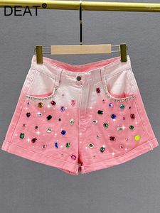 Kvinnors jeans denim shorts hög midja diamanter pärlor gradient rosa manschetter breda ben korta byxor 2024 sommarmode 29l1477