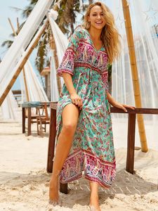 Party Dresses 2024 Bohemian Printed V-hals Hög midja Självbälte Summer Dress Cotton Tunic Women Street Wear Sexy V Back Q1110