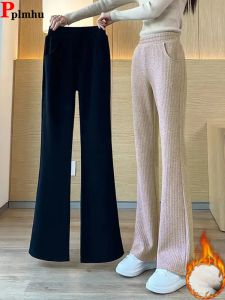 Tröjor koreanska tjock varm rak pant vinter casual baggy sammet fodrad hög midja pantalon eleganta kvinnor snö sliter spodnie ny