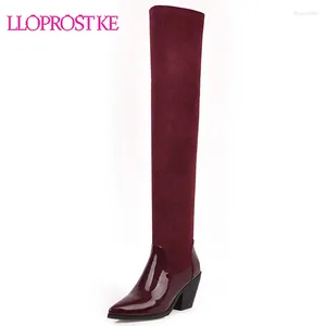 Boots Lloprost KE 2024 Fashion Patent Leather Patchwork Stretch Faux Suede Over-Knee For Women Winter Woman Shoes H627