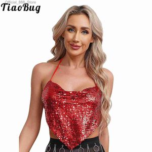 HWW4 Women's Tanks Camis Womens Glitter Sequin Draped Crop Top Backless Lace-Up Inverted Triangle Camisole Wrapped Chest Top for Club Party d240427