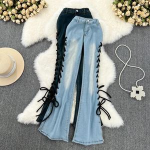 Women's Jeans American Retro Temperament Girl Sexy High Waist Thin Straps Slit Micro Horn Casual Long Pants Women