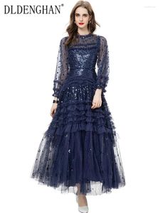 Casual Dresses DLDENGHAN Autumn Mesh Maxi Dress Women O-Neck Lantern Sleeve Sequins Ruffle Vintage Party Ball Gown Fashion Designer