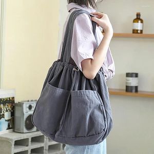 Shoulder Bags Drawstring Canvas Pocket For Ladies Casual Design Single Bag Japan Style Vintage Preppy Travel Shopping