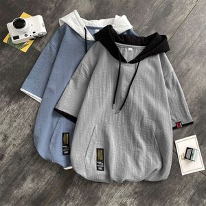 Small Design Short Sleeved T-shirt for Men's Summer Korean Style Fashion Hooded Hoodie Simple and Clean Couple Half Sleeves