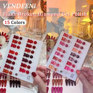 Комплекты Vendeeni 15 цветов красная вспышка с разбитой алмазом гель -лак для ногтей набор блеск ультрафиолетового светодиодного светодиода с гелевого лака отражает блестящий гель лак
