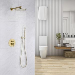 Brass Brushed Gold Solid Bathroom Shower Set Rianfall Head Shower Faucet Wall Mounted Shower Arm Mixer Water Set 8-12Inch241E