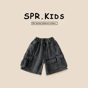 Trousers Children Clothing Boys Jeans 2024 Summer Fashionable Korean Style Large Pocket Cargo Pants Casual Simple Straight Shorts