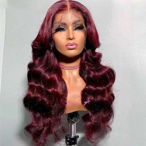 Synthetic Wigs 99J Burgundy Red Wig Lace suitable for womens bodies wave free pre shedding hair wig with baby Q240427