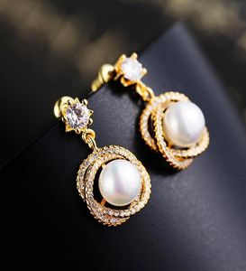 Dangle Chandelier Luxury Gold Color Wedding Earrings Cute Female Small White Zircon Drop Fashion Round Pearl For WomenDangle Dan1048774