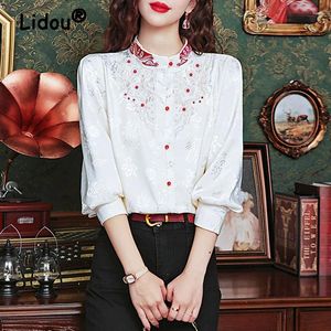 Frauenblusen Frauen Mode Vintage chinesische Stickstopf Hemden elegante schicke Standkragen Frau Drucken Langarm Tops