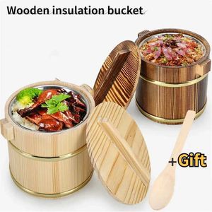 Bento Boxes Wooden insulated lunch box with built-in stainless steel food bowl wooden bucket bench restaurant decorative tableware Q240427
