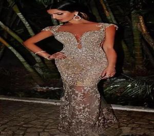 2019 cekiny Blingbling arabsko -sheer dekolt syrena wieczorowe sukienki CAP Rękawy zobacz przez spódnicę Sexy vestidos Fiesta Party PR9892266