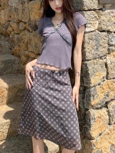 Work Dresses 2024 Grey Plaid Vintage 2 Piece Sets Women High Waist A-line Y2k Summer Retro Skirt Suit Female Korean Fashion Casual Clothes