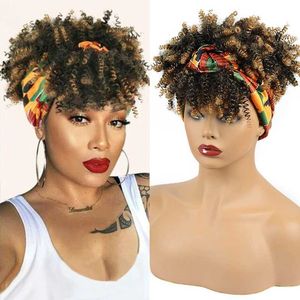 Perucas sintéticas cabelos africanos torcidos peruca cacheia ombre colorido bandana com franja feminina preta curta embrulhada Q240427