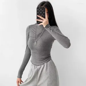 Kobiety dla kobiet Kobiety Wysokie szyi Ruche z przodu długi rękaw Slim Fit Top z detalami szwu i krawędzią sałaty S521