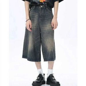 Men's Shorts Retro plus size denim shorts loose fitting Y2k street clothing oversized pants Korean unisex pocket wide leg hat Q240427