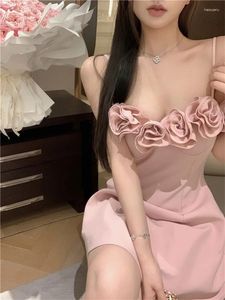 Casual Dresses Sweet 3D Flower Party Dress Womens 2024 Summer High Waist A-Line Mini Spaghtti Straps Pink Birthday Vestidos Mujer