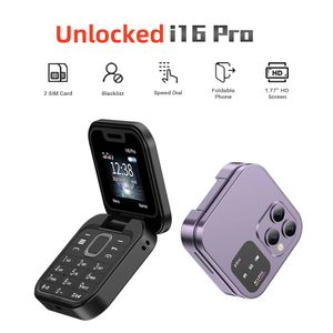 Mode i16 Pro Mini Fold Mobile Telefon Unlocked 2G GSM Dual Sim Cards Mobiltelefoner Speed ​​Dial Video Player Magic Voice 3.5mm Jack FM Liten Flip Cellphone