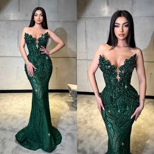 Classical Mermaid Prom Dresses Strapless Sleeveless Sweep Train Lace Appliques Sequins Crystal Beading Celebrity Evening Dresses Plus Size Custom Made L24705