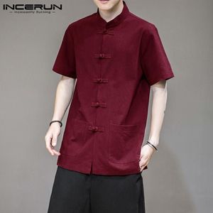 Mäns casual skjortor incerun kinesisk stil män skjorta fast färg mandarin krage bomull vintage tang kostym knapp kort ärm 343c