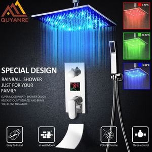 Quyanre 3 Function Digital Shower Faucets Set LED Rainfall Shower Head Waterfall Spout 3 way Digital Mixer Tap Bathroom Shower289u