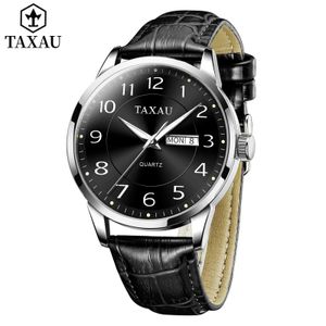Wristwatches Taxau Fashion Business Mens Dual Salendar Bracking Leather Strap Luxury Top Grade Quartz Wrist Q240426